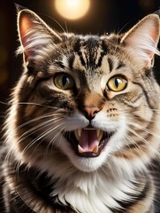 Close-Up of Angry Cat with Prominent Whiskers. Blurred background