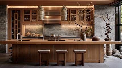 Tranquil Asian-Inspired Kitchen: Harmony with Zen Elements and Natural Tones