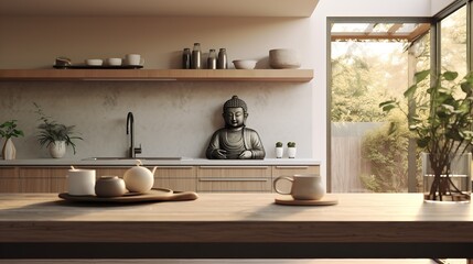 Fototapeta na wymiar Tranquil Asian-Inspired Kitchen: Harmony with Zen Elements and Natural Tones