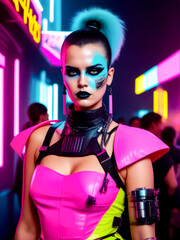 Woman in pink outfit with black choker on her neck.