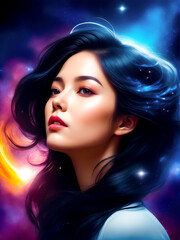 Obraz premium Digital painting of woman's face with stars in the background.