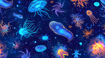 Dive into a mesmerizing underwater realm with this seamless pattern of bioluminescent plankton in the ocean. Let the ethereal glow and intricate details transport you to a magical world of w