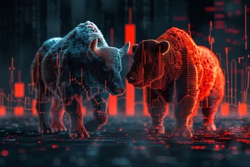 concept of stock market exchange, graphic of bull and bear combined with candlestick