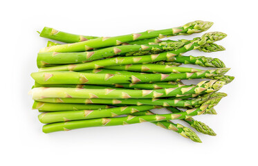A high-quality image showcasing fresh, green asparagus spears neatly arranged against a clean, white background. Ideal for culinary content and health and wellness themes.