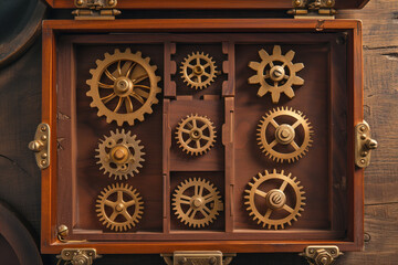 An assortment of vintage, brass gears neatly organized in a wooden compartment box, showcasing intricate designs and craftsmanship.
