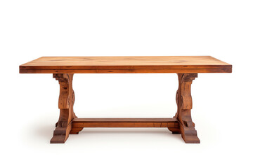 A beautifully crafted wooden table with intricate design, isolated on a white background, showcasing the natural wood grain and artisan craftsmanship.