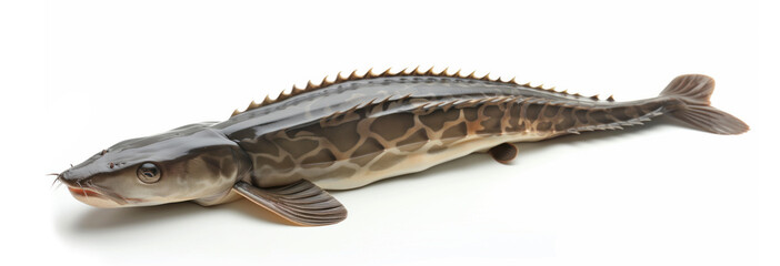 A high-resolution image capturing the intricate details of a sturgeon fish, isolated against a white background, showcasing its unique patterns and textures. - obrazy, fototapety, plakaty