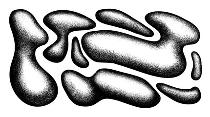 Set of black abstract shapes covered with texture. Collection of amorphous drops of various irregular shapes on a transparent background. Graphic elements for your design.