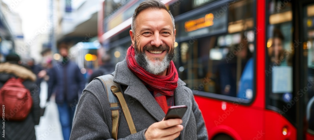 Poster smiling bearded man using smartphone at bus station with copy space for text placement