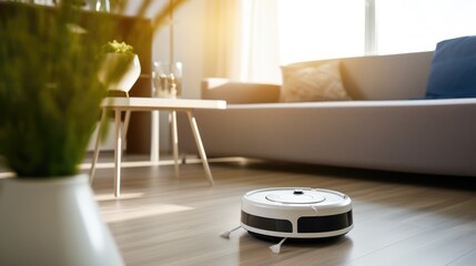 A smart home robot vacuum glides through a modern white living room with ease, highlighting the convenience of automated cleaning.