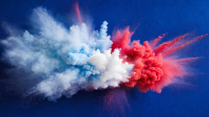 white and red stripe coloured powder dust paint America colours explosion burst, isolated splatter abstract background, Blue, red and white Powder smoke particles, Independence Day concept, freedom - obrazy, fototapety, plakaty