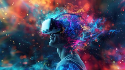 person immersed in a virtual reality experience with a colorful, abstract explosion of shapes and particles emanating from the VR headset