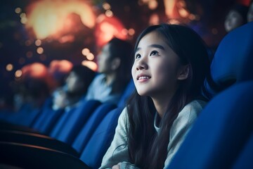 Asian girl watching movies in cinema - obrazy, fototapety, plakaty