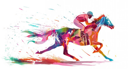 Obraz premium Race Horse, jockey running action. Eexpressive Illustration of Jockey on horse at Full Speed. Imitation of watercolor painting.