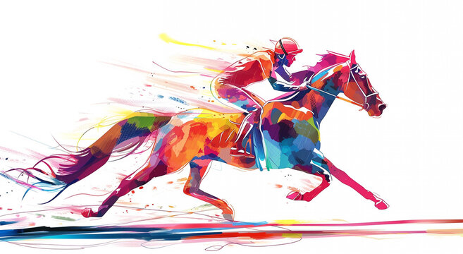 Race Horse, jockey running action. Eexpressive Illustration of Jockey on horse at Full Speed. Imitation of watercolor painting.