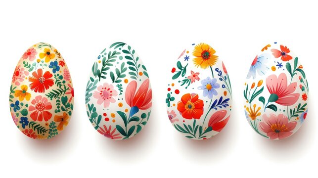Vibrant Easter eggs adorned with intricate designs create a stunning display against a pristine white backdrop.