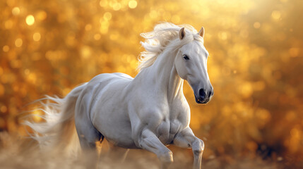 Portrait of beautiful white horse in autumn golden light