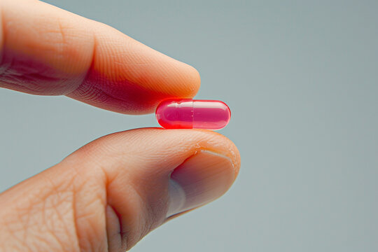 male hand holding a pill against light background