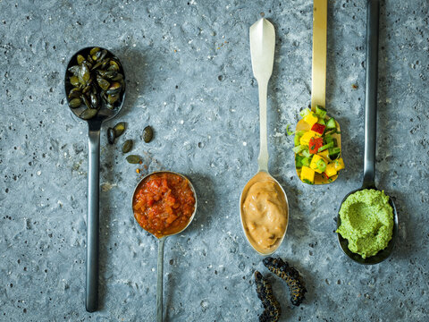 Pumpkin seed, Tomato & Onion, Peanut butter, Mopani worm, Mango salsa and Coriander and Cashew paste.