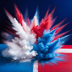 white and red stripe coloured powder dust paint America colours explosion burst, isolated splatter abstract background, Blue, red and white Powder smoke particles, Independence Day concept, freedom