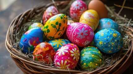 The vibrant colors of painted Easter eggs stand out against the lush greenery and blooming flowers, creating a jubilant and festive display.