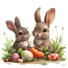 AI generated illustration of two adorable rabbits surrounded by colorful Easter eggs - obrazy, fototapety, plakaty