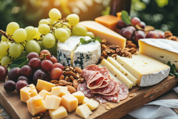 Assorted cheeses, meats, fresh fruits, nuts and appetizers beautifully arranged on a wooden board. Generative AI