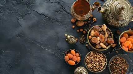 Fototapeta na wymiar Top view of Ramadan Kareem Islamic greeting card with lantern, dried dates, nuts, cup of tea