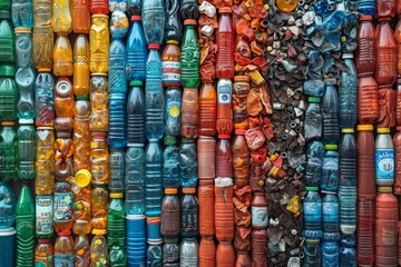A bunch of used colored plastic bottles are ready for recycling - Powered by Adobe