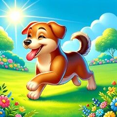 a dog running on grass with sun and flowers in the background
