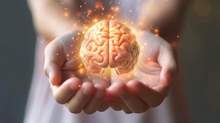 Holographic human brain examination in air being held by hands for medical study and diagnosis - obrazy, fototapety, plakaty