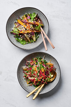 Cumin roasted carrots, mesclun, puffed buckwheat & superseed mix, honey lemon vinaigrette. Winter slaw of kale, beetroot & fennel, pickled golden raisins, red cabbage, spiced pear dressing