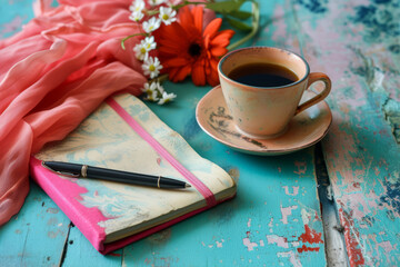 Notebook, coffee cup and pen in vibrant colors. Still life or education concept. Generative AI