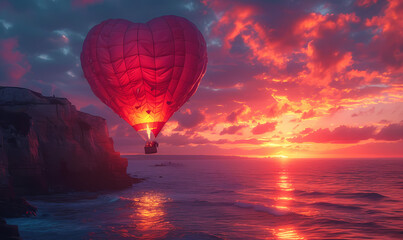 the red hot air balloon flies into the sunset over the ocean