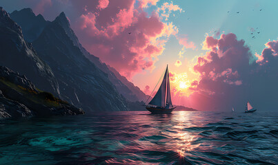 a sail boat sailing down the ocean at sunset, next to cliffs