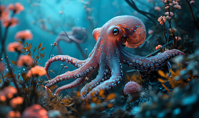 an octopus swims among the coral in this underwater scene