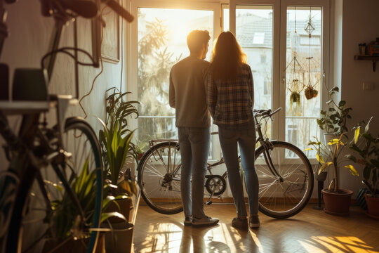 Back view of couple installing a bike rack in their apartment. Generative AI