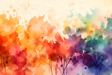 abstract watercolor background with flowers or trees in orange, red, purple, yellow, green and blue.