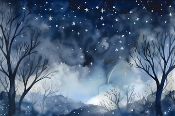 watercolor illustration of a nighttime landscape with hills and trees and glooming stars