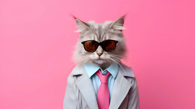 Cool looking cat wearing beige trenchcoat, light blue shirt, pink tite, and glasses in pink theme. Isolated on pink background with copy space area that can place a text