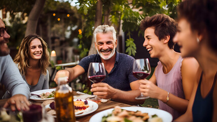 group of friends having dinner in the garden enjoying their life. Tavolata setting, red wine 