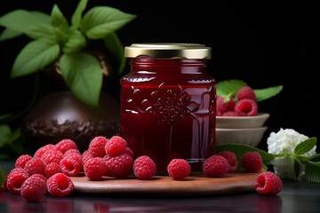 Glass jar with raspberry jam.