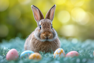 Fototapeta na wymiar Rabbit and Easter eggs on lawn.