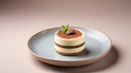 a small chocolate and cream desert on a plate with a sprig of mint