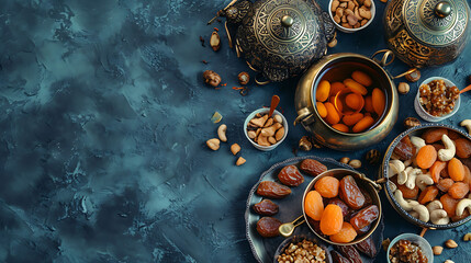 Obraz na płótnie Canvas Top view of Ramadan Kareem Islamic greeting card with lantern, dried dates, nuts, cup of tea