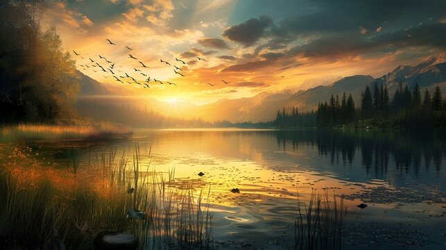 the sun setting behind a mountain in the background with geese flying around © Wirestock