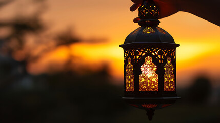 Fototapeta na wymiar Holding Lantern Lamp, sunset view with Ramadan Lantern
