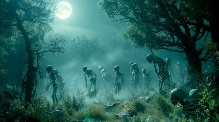 a bunch of dead people that are in the woods near a moon