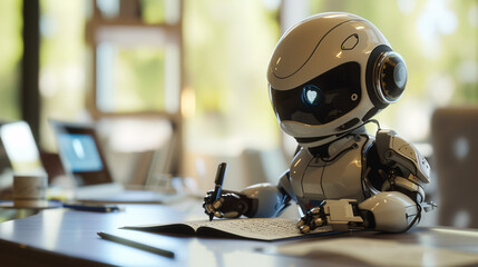 Fototapeta premium Autonomous Assistant: Advanced Robot Writing Notes, Office Automation Concept