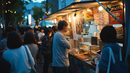 A vibrant scene at a bustling food truck, where hungry customers eagerly wait in line while the irresistible aroma of sizzling food wafts through the air. The colorful truck stands out again